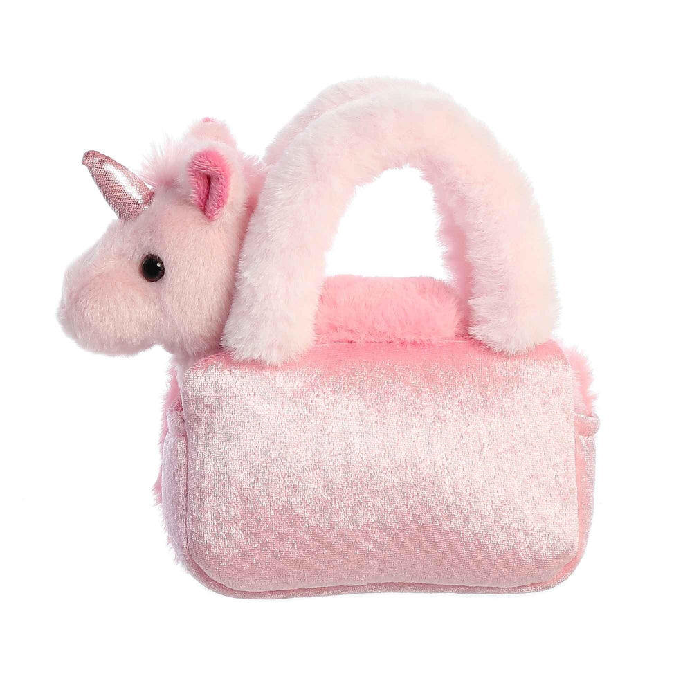 Aurora Fancy Pals Plushy Pink unicorn plush toy with fluffy pink handle bag, 6 inches