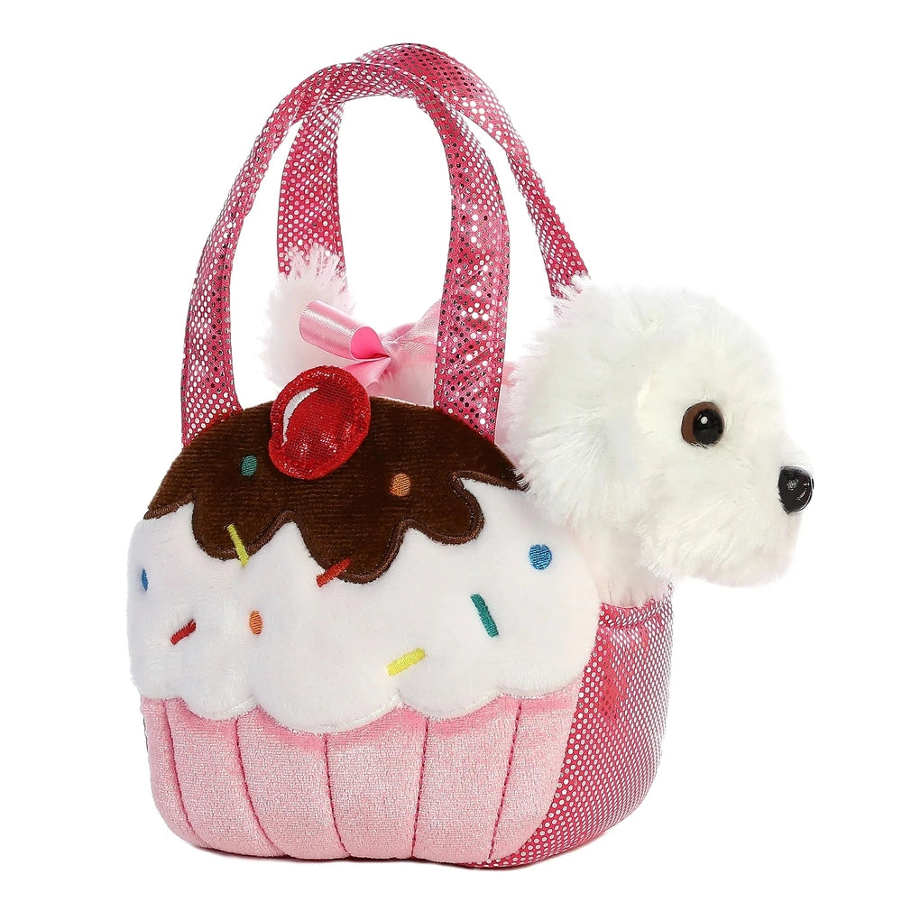 Aurora Fancy Pals Sweets Puppy 7" plush tote cupcake with pink mesh handles and a fluffy white puppy peeking out.