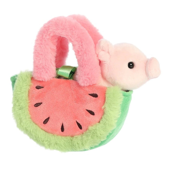 Aurora Fancy Pals Watermelon Piglet plush tote toy with pink handles and green rind, 8-inch