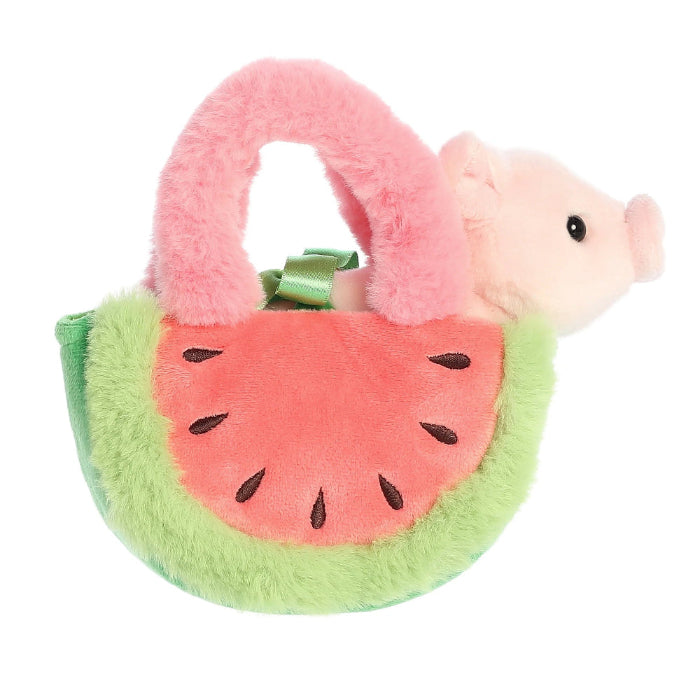 Aurora Fancy Pals Watermelon Piglet plush toy, 8-inch soft piglet with watermelon slice body and pink handle