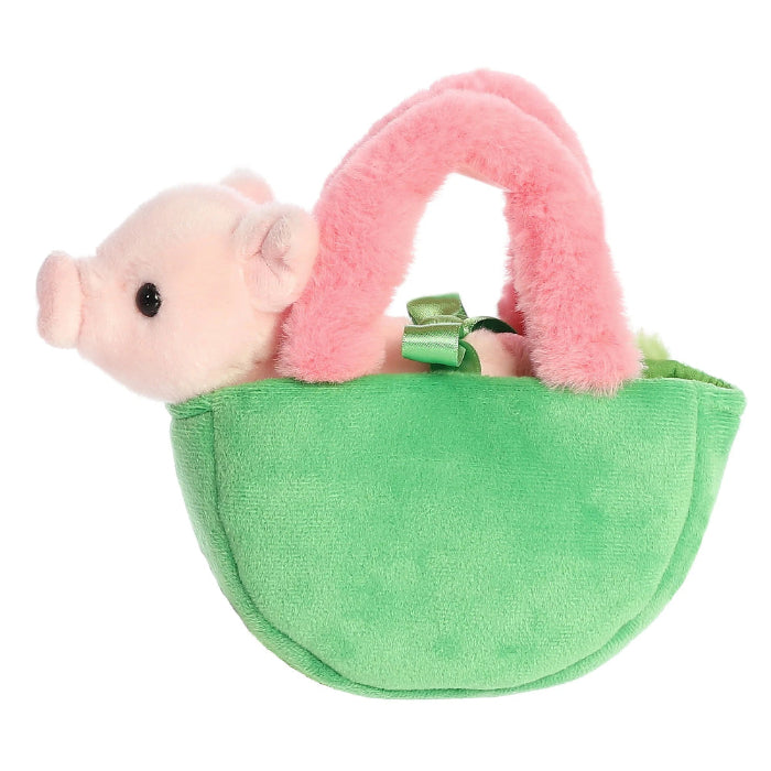 Aurora Fancy Pals Watermelon Piglet plush in a green tote with pink fuzzy handles