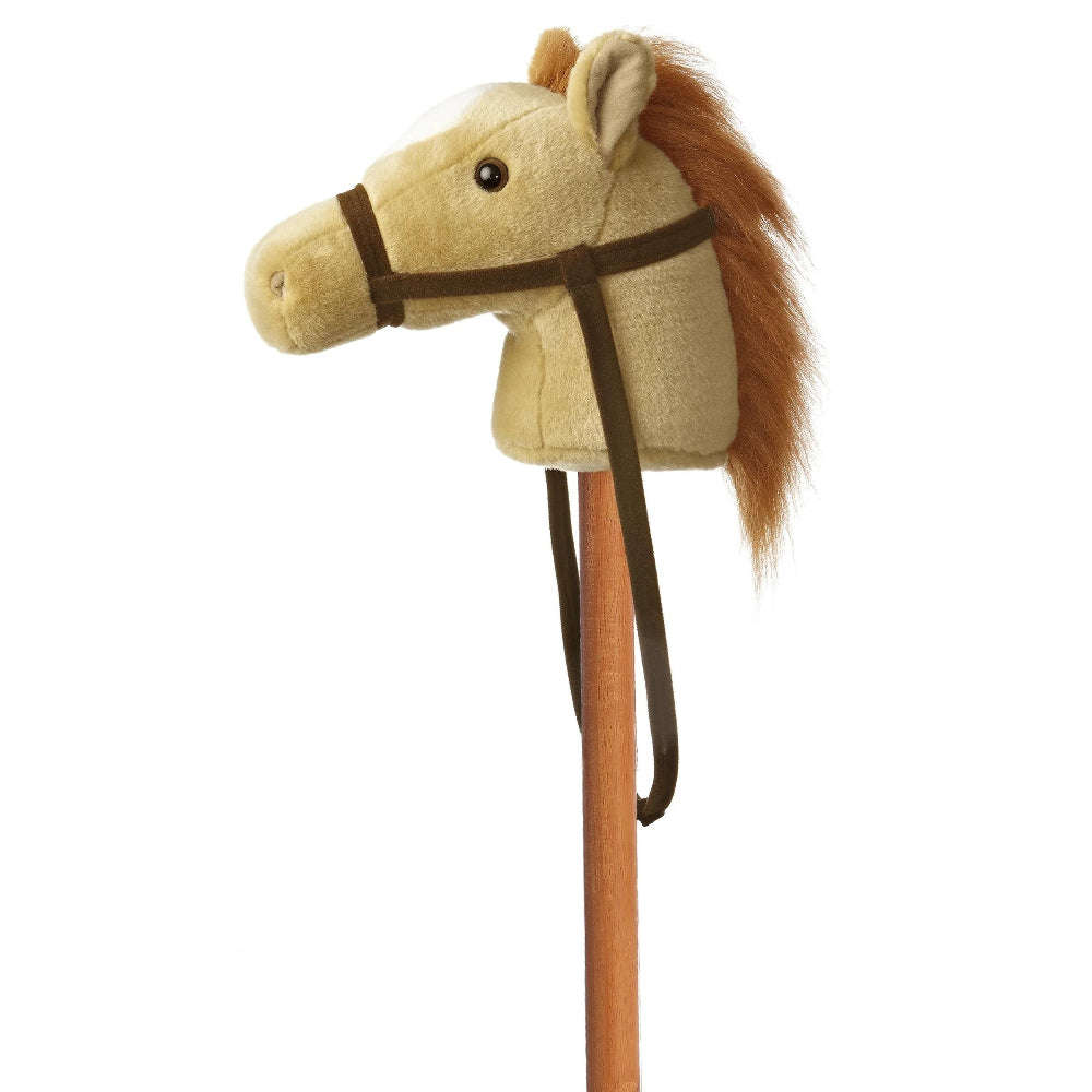 Aurora Giddy-Up Friends beige pony plush head on a wooden stick with brown bridle and mane