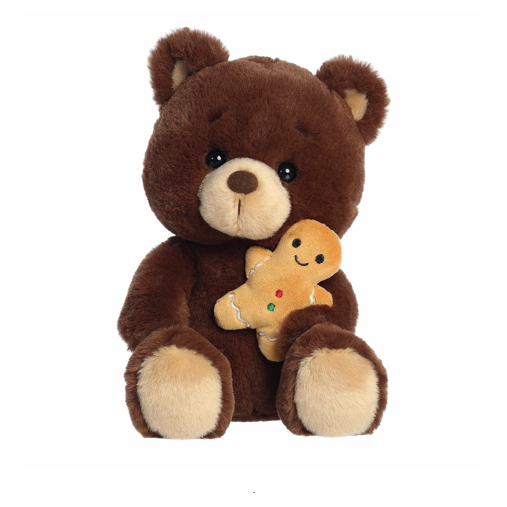 Aurora Holiday Barista Bear 10" plush holding a smiling gingerbread man plush toy
