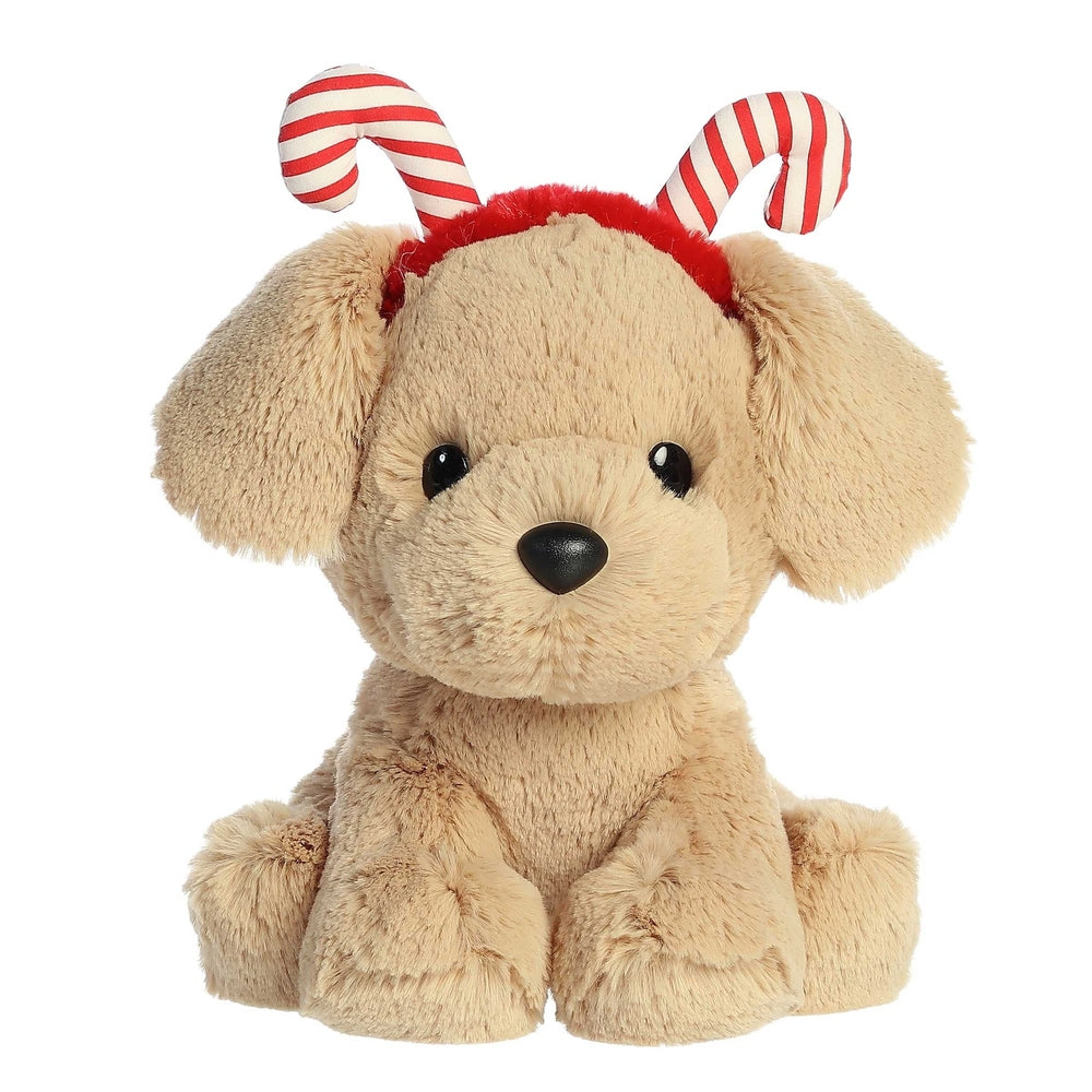Stuffed animal Aurora Holiday Cheer Buddy Yellow Lab plush 8.5in with red headband and candy-cane antlers