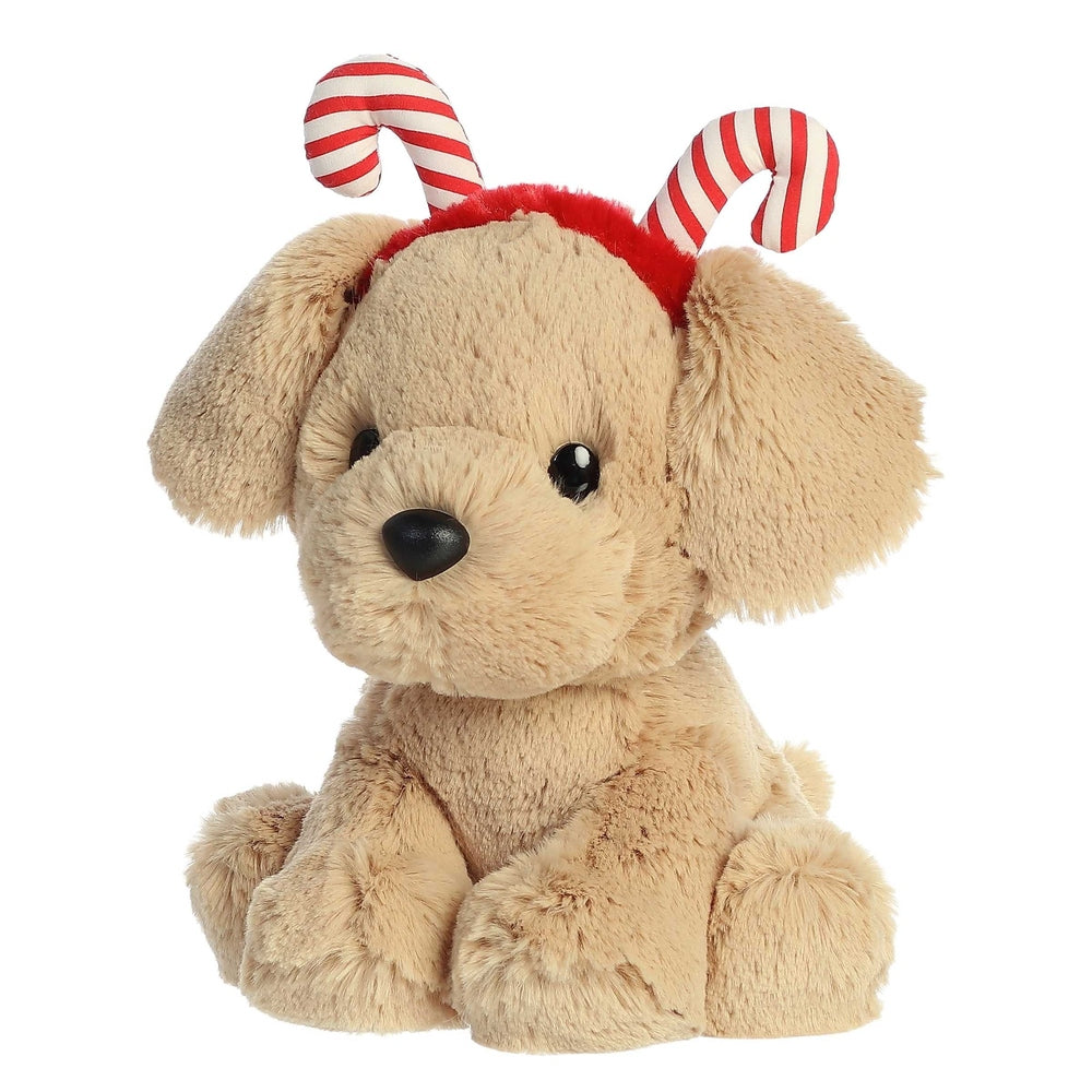 Aurora Holiday Cheer Yellow Lab plush 8.5in with red headband and candy-cane antlers