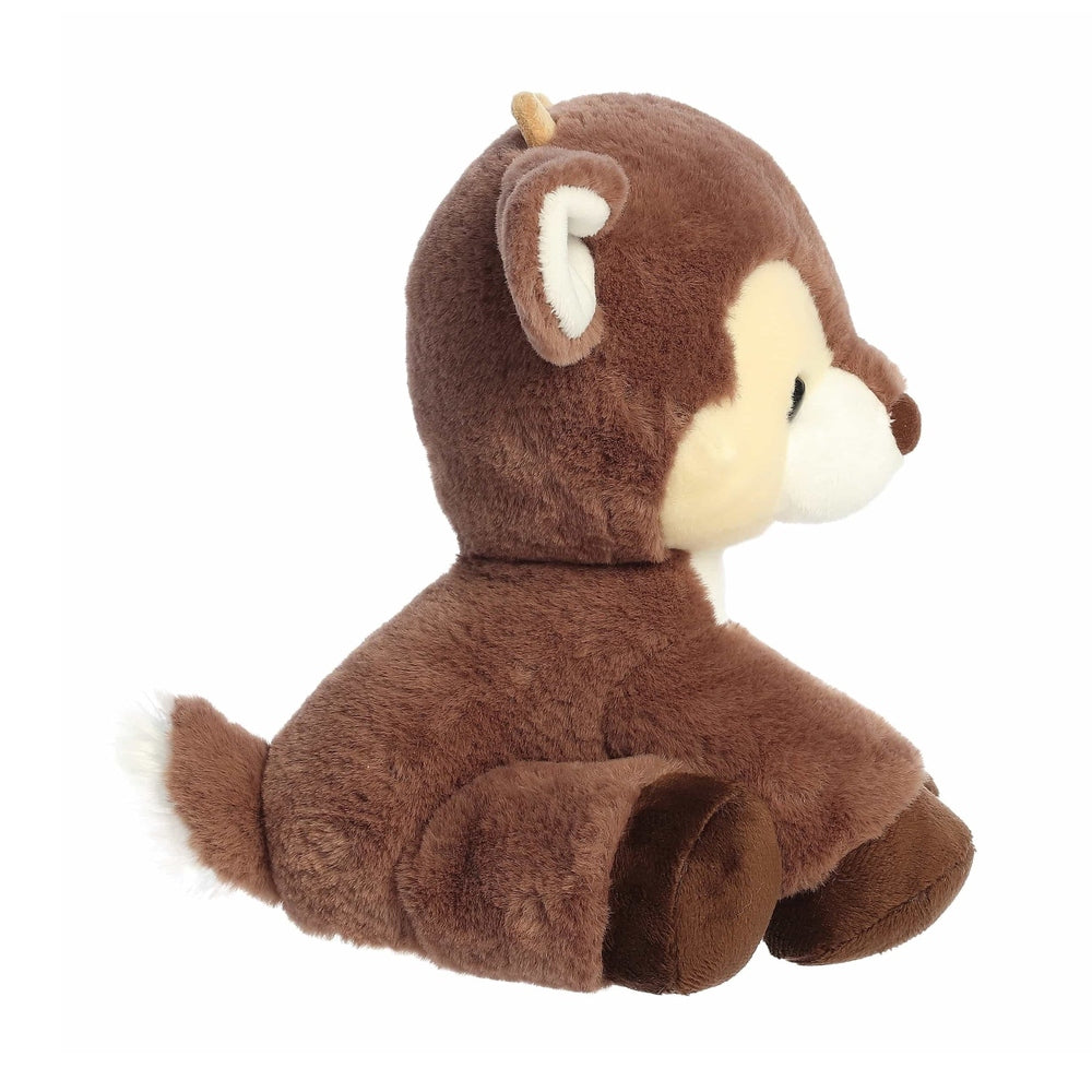 Aurora Holiday Dashing Reindeer Cocoa Brown 8" plush toy sits upright with brown fur, cream face, white tail.