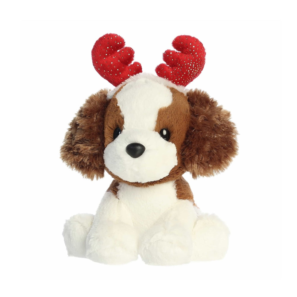 Aurora Holiday Cheer Spencer Spaniel 8.5" plush with brown/white fur and red sequined antlers