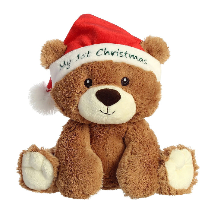 Aurora My First Christmas Bear plush, 10-inch brown stuffed animal with red Santa hat.
