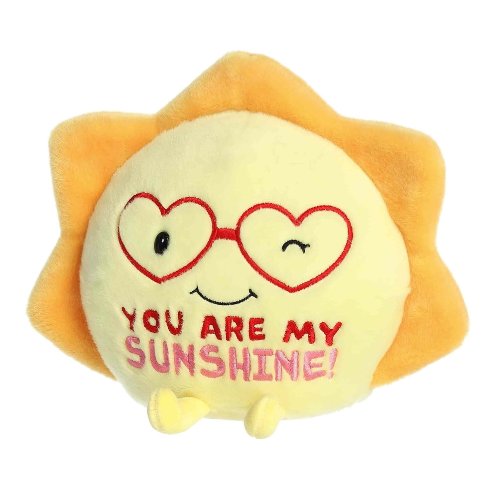 Aurora You Are My Sunshine sun plush toy, 9" yellow with orange rays, embroidered smile and text.