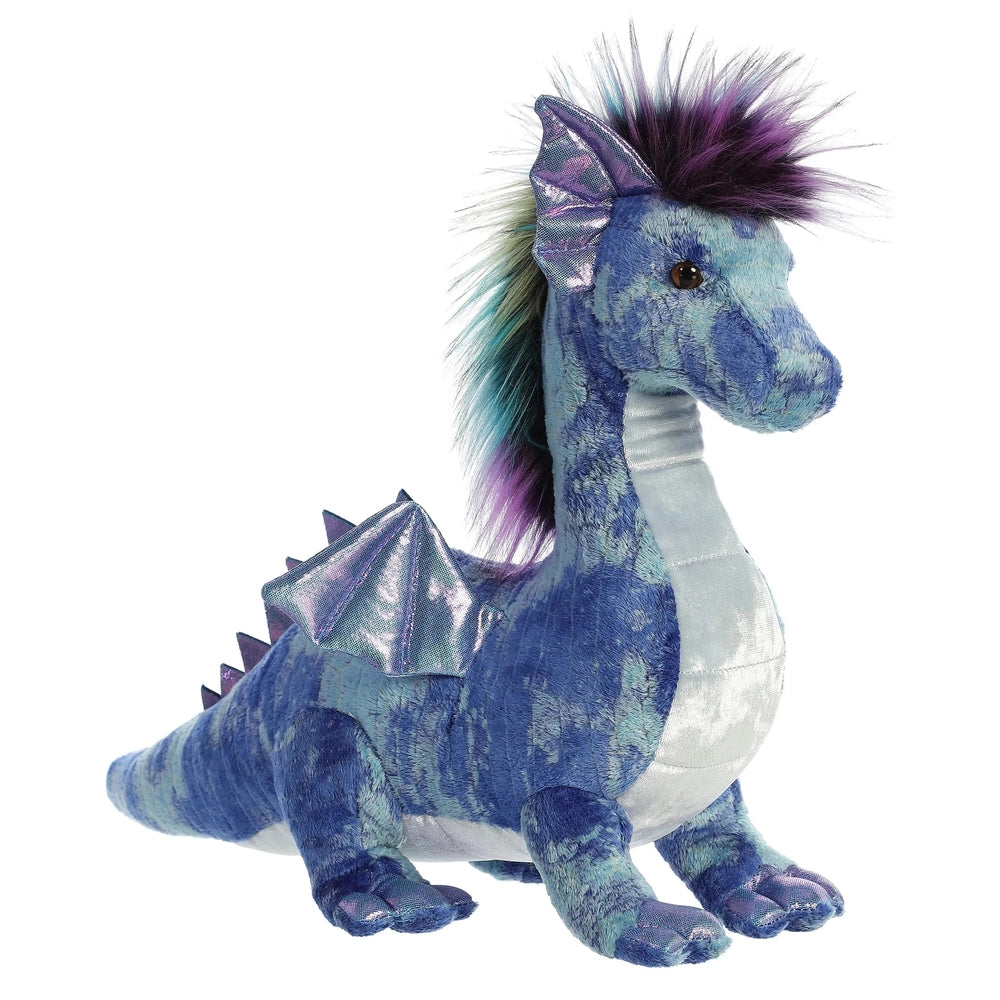 Aurora Zion Dragon 17" plush toy in blue with iridescent mane and metallic back plates, seated proudly.