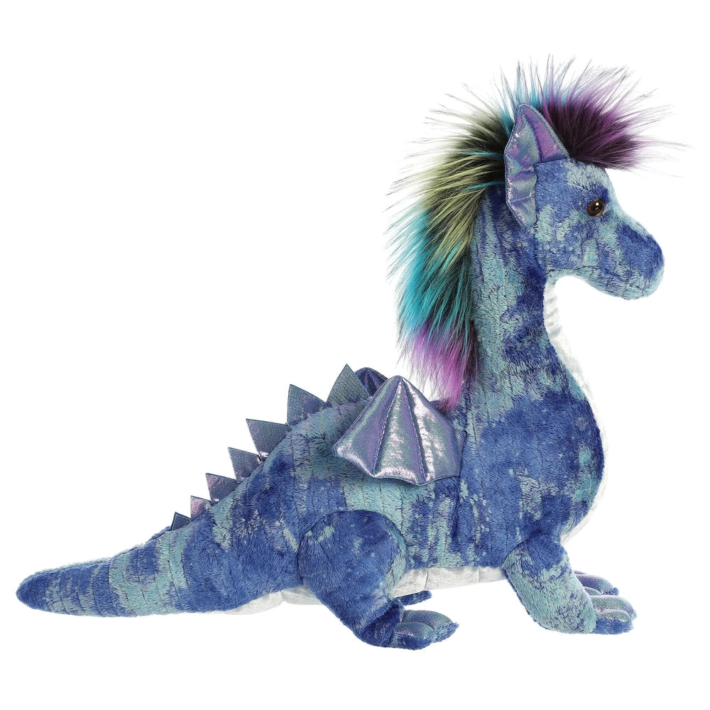 Aurora Luxe Boutique Zion Dragon 17" plush toy in blue with rainbow mane and metallic spikes.