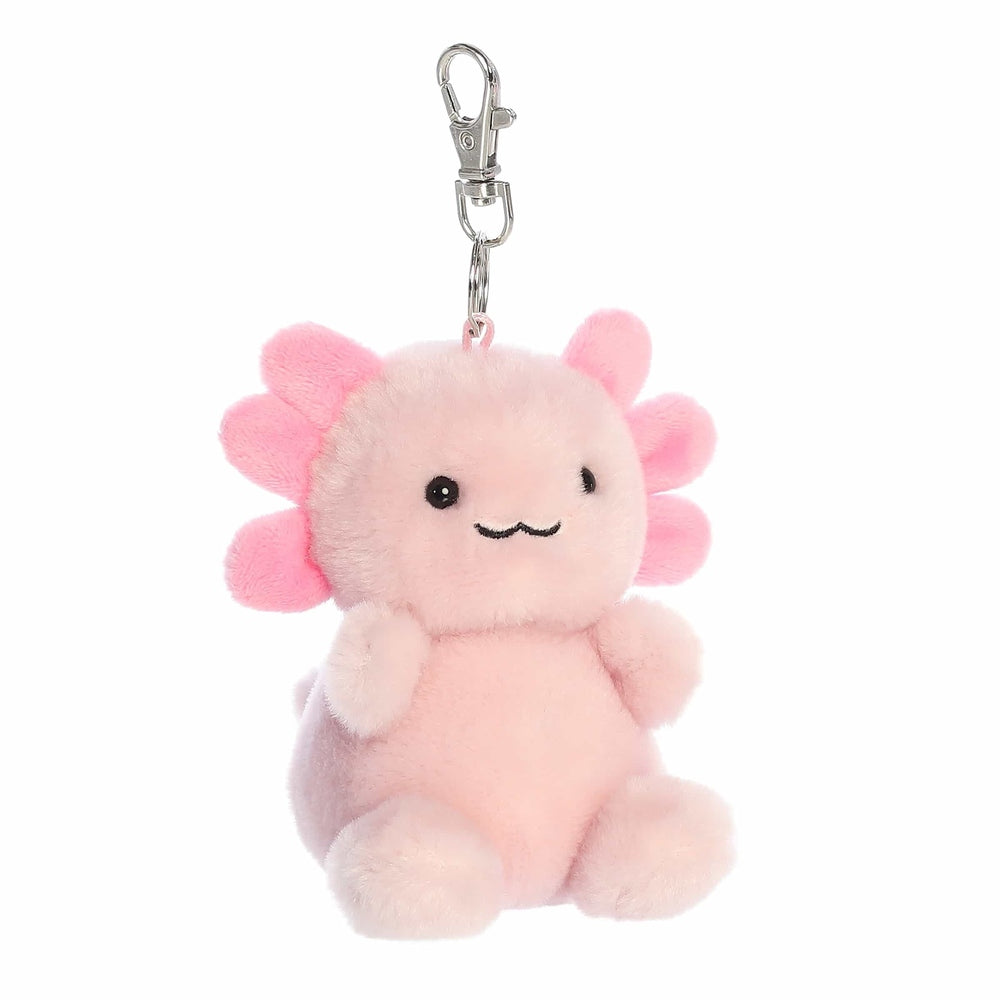 Aurora Palm Pals Axolotl clip-on plush toy, pink fuzzy stuffed animal with black eyes and smile, metal clip

