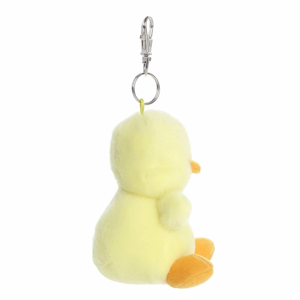Aurora Betsy Chick ClipOn plush keychain, yellow chick with orange feet, 4in