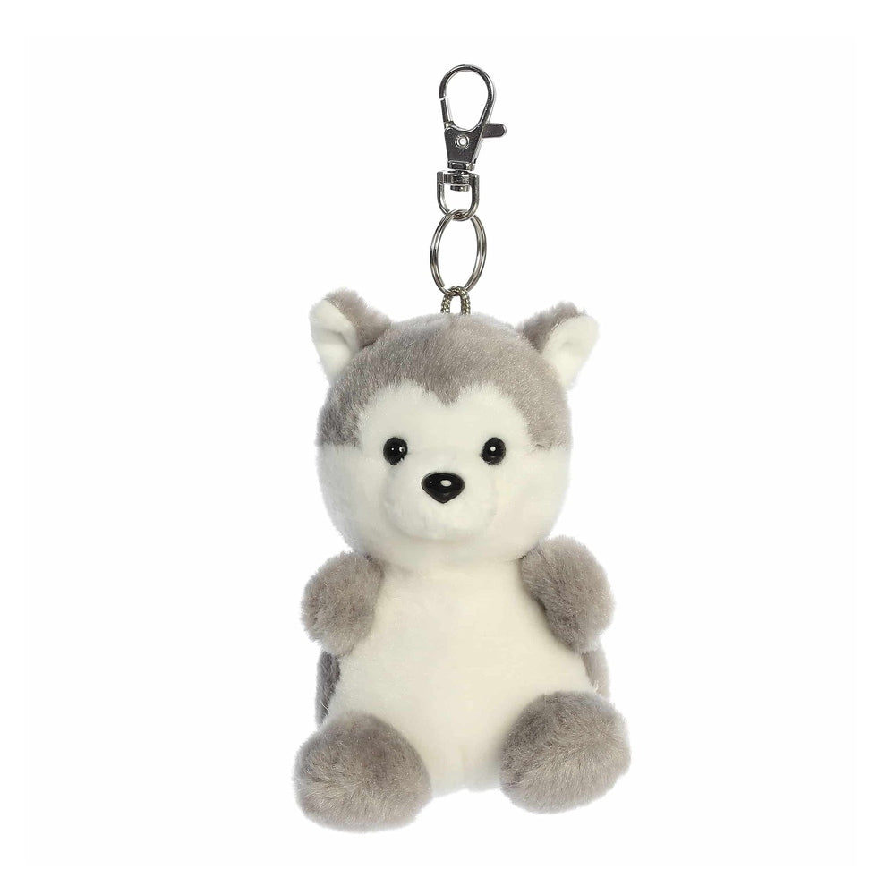 Aurora Palm Pals Busky Husky clip-on plush toy in gray and white, 4 inches, attached to a metal keychain.