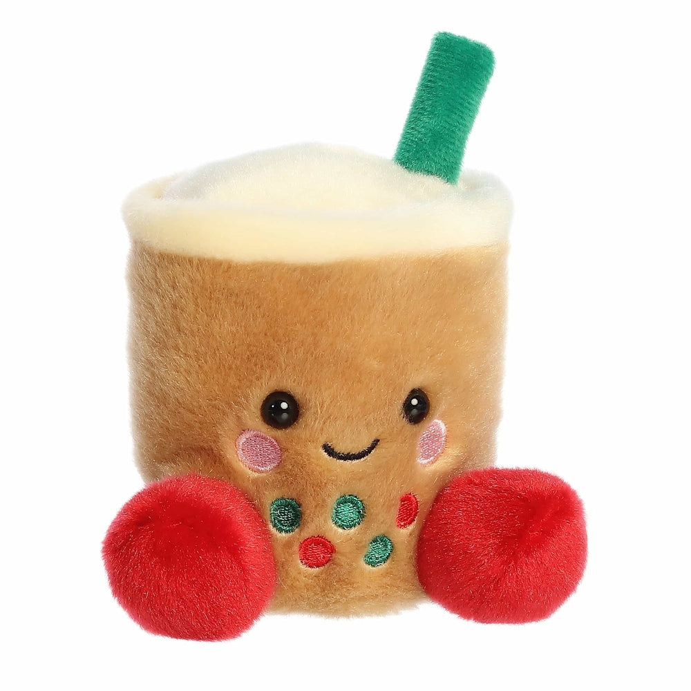 Palm Pals Chewy Festive Boba plush toy by Aurora, brown cup with green straw, red cherries, smiling face