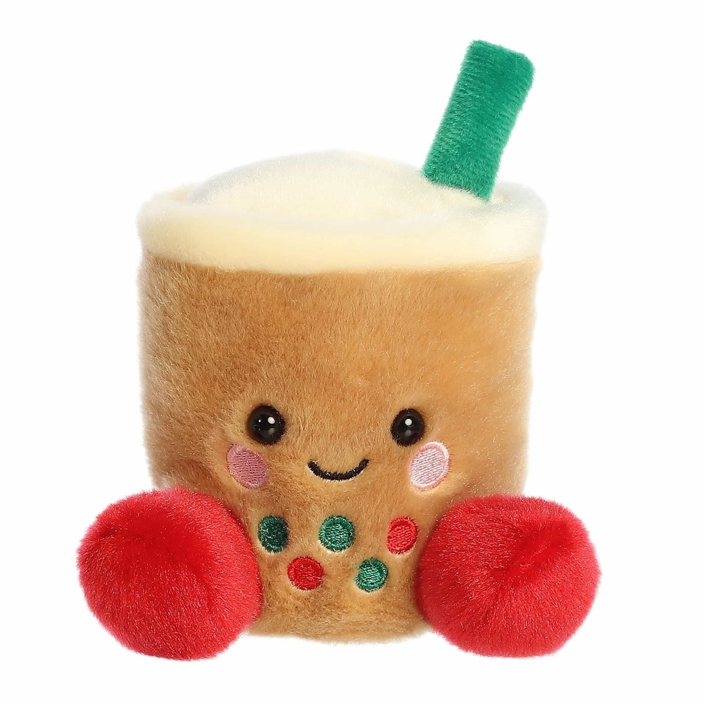 Aurora Palm Pals Chewy Festive Boba plush stuffed animal, brown cup with green straw and red pom cheeks.