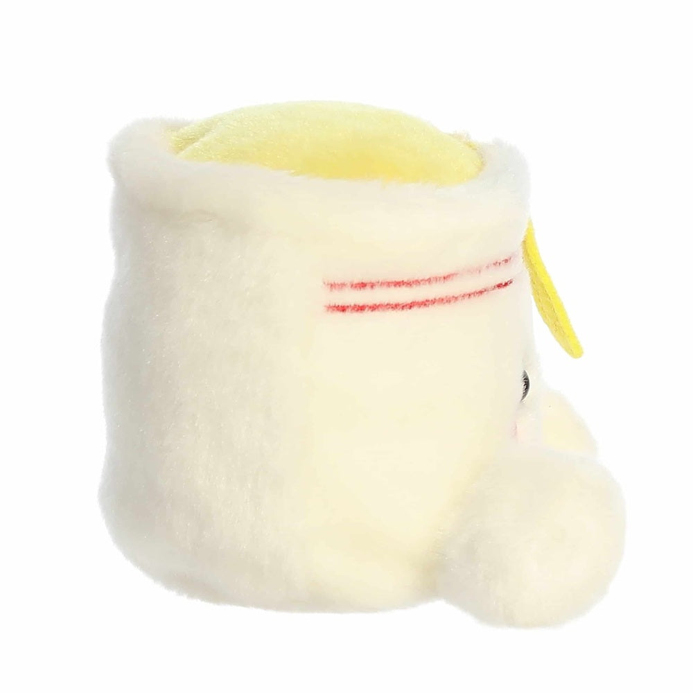 Aurora Palm Pals Dashi Cup Noodles plush toy, white cup with yellow lid and red stripe