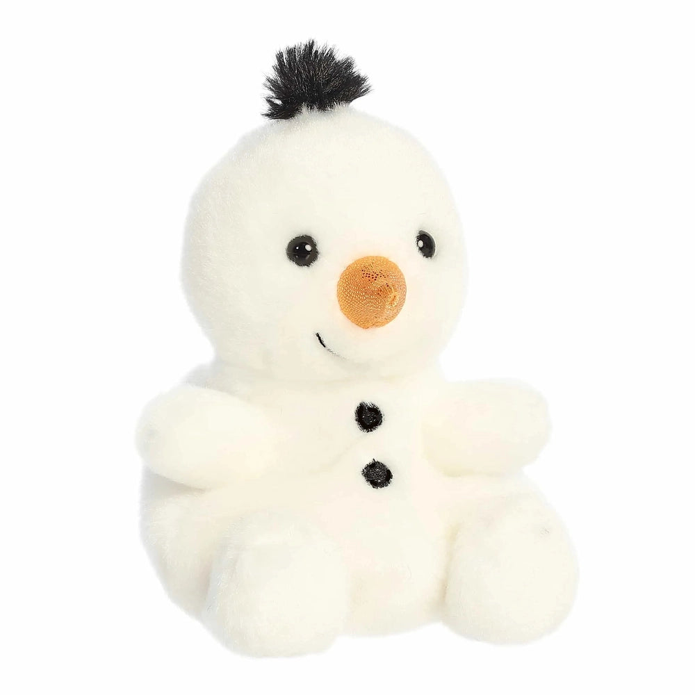 Aurora Palm Pals Freeze Snowman 5" plush sits smiling with orange carrot nose, black button eyes, and a tufted black top.