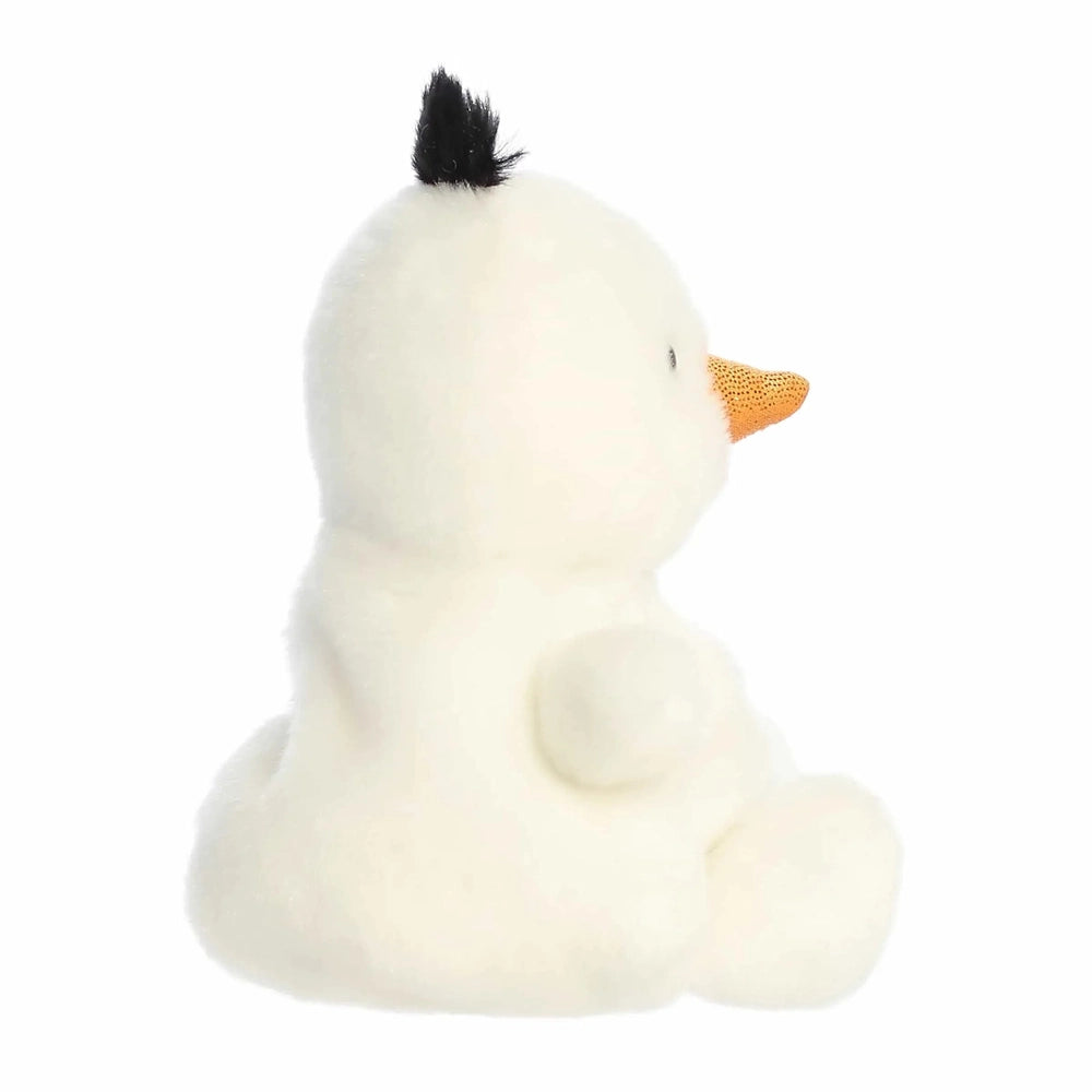 Aurora Palm Pals Freeze Snowman plush, 5-inch white stuffed toy with orange carrot nose and black topper, seated.