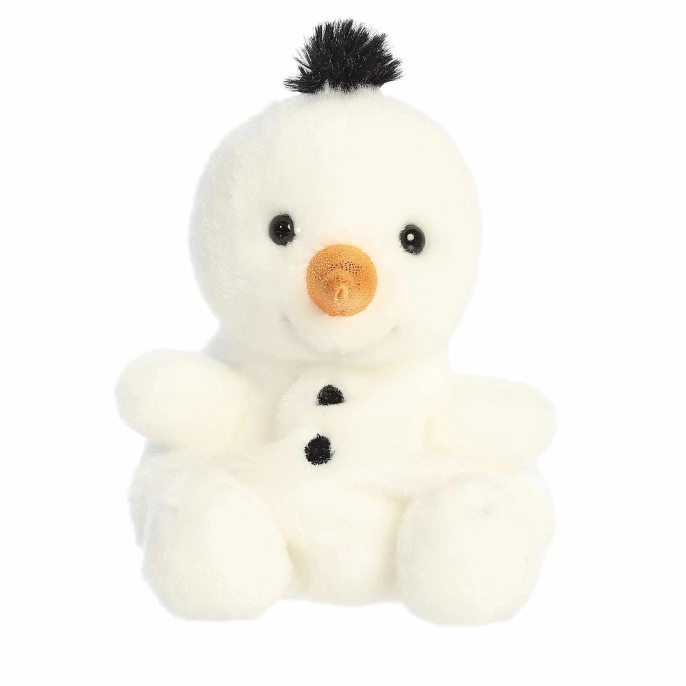 Aurora Palm Pals Freeze Snowman 5-inch plush toy, white with orange carrot nose and black eyes/buttons.