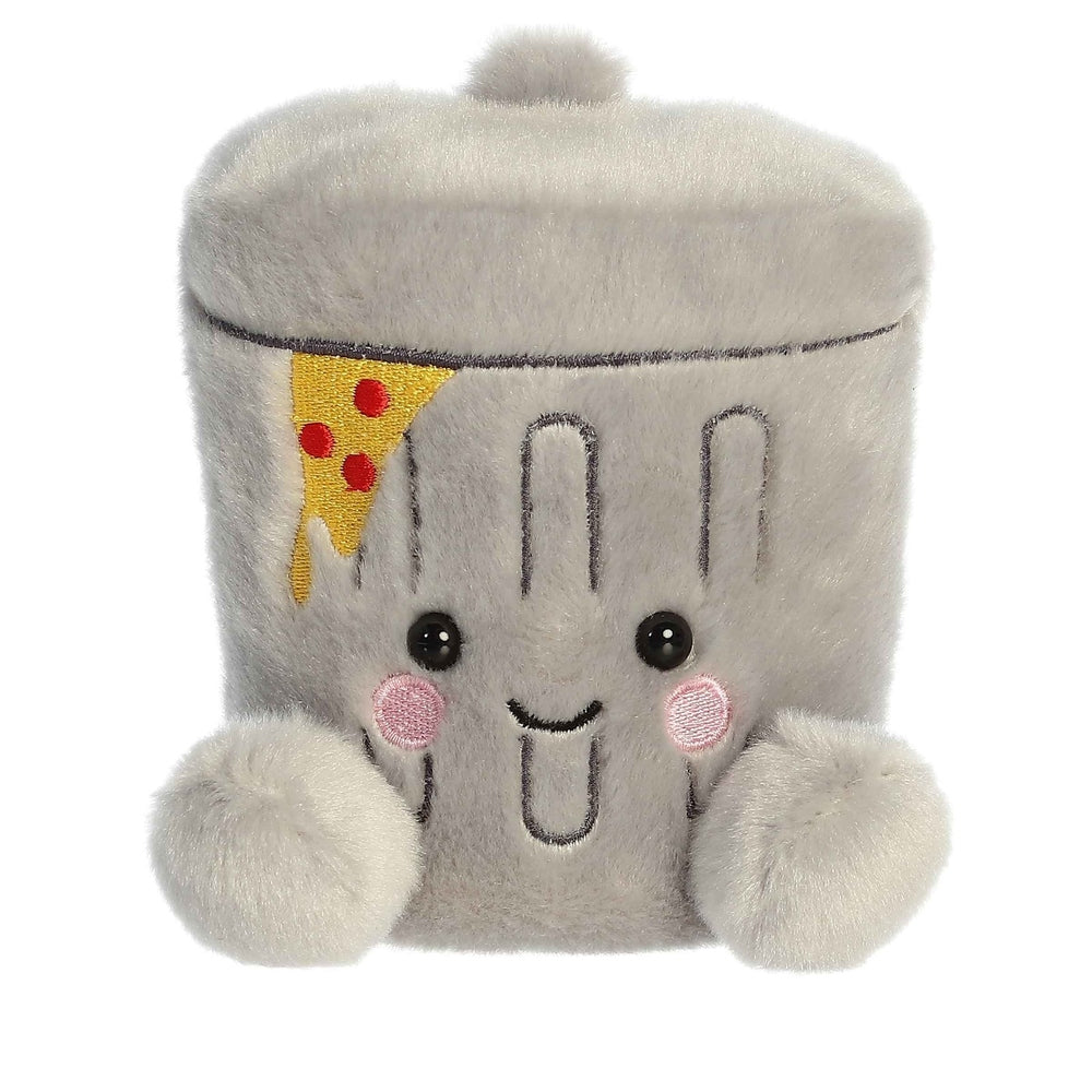 Garbanzo Trashcan Palm Pal plush by Aurora, grey fabric with pizza slice accent, 5 inches