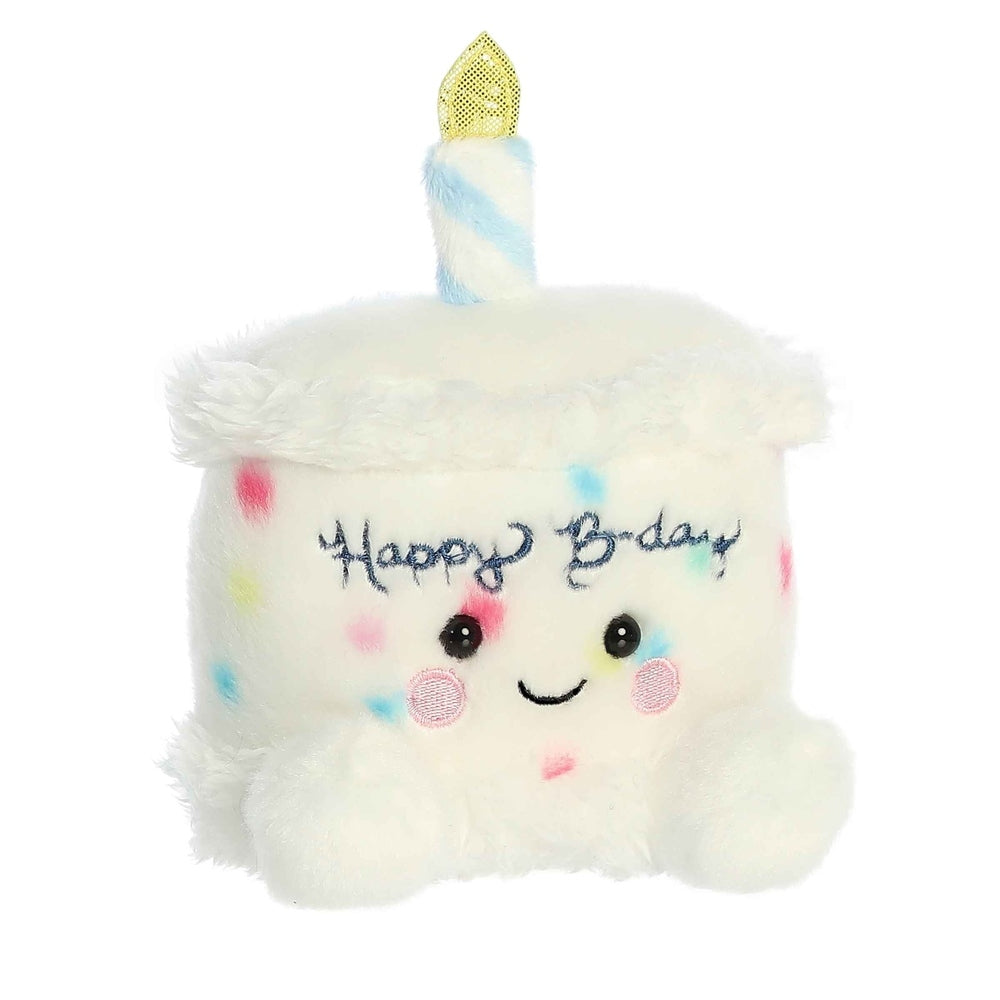 Aurora Palm Pals Happy B'Day Cake plush (5in) white fluffy stuffed cake with pastel sprinkles and candle