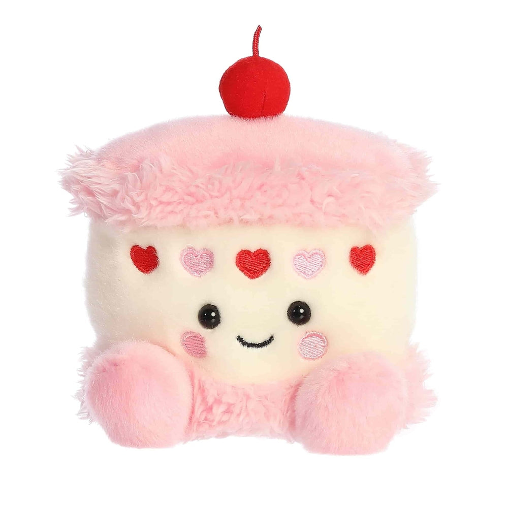 Aurora Palm Pals Jubi Heart Cake 5" plush toy, pink fluffy cake with red cherry and heart embellishments