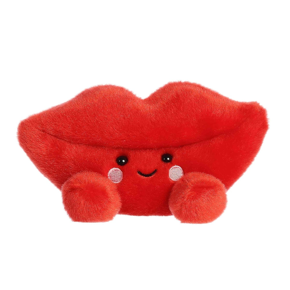 Red plush lip-shaped palm toy with a cute smiling face, black eyes, pink cheeks, and fluffy round paws
