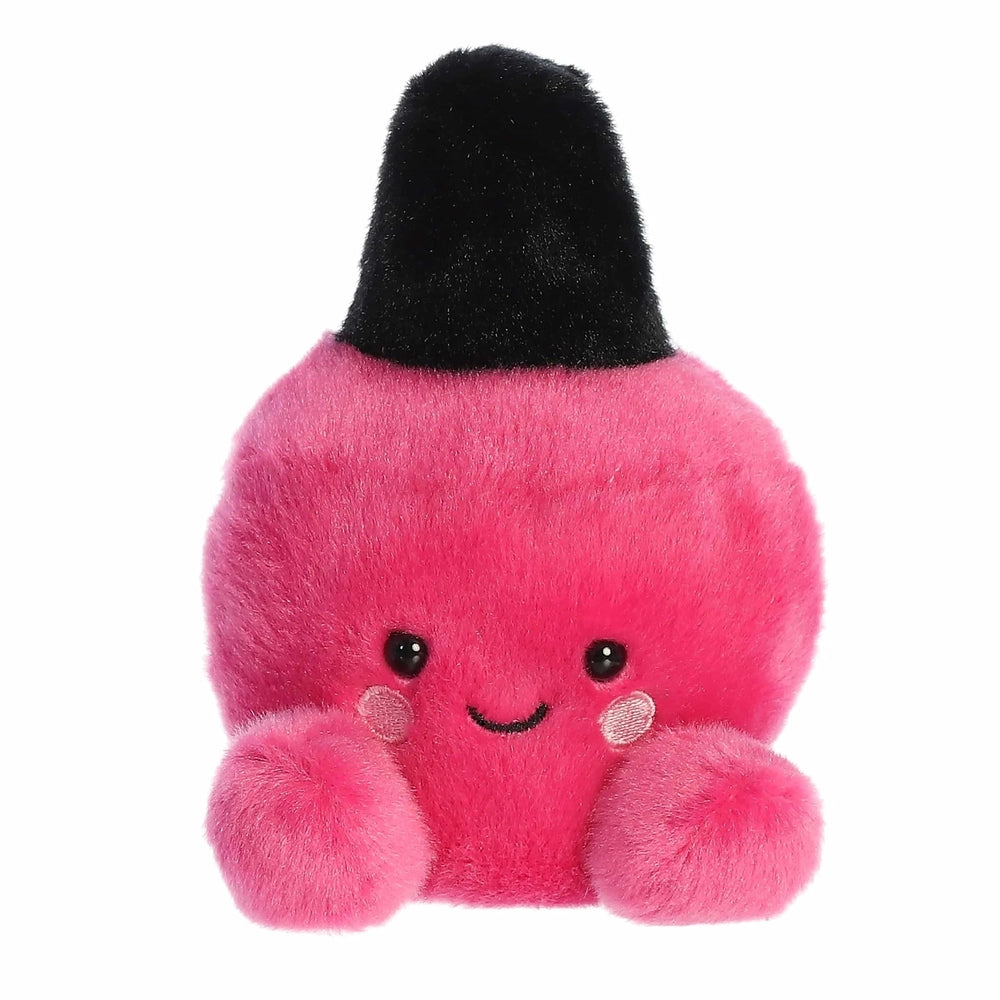 Aurora Palm Pals Kitty Nail Polish plush toy, bright pink fuzzy stuffed cat with black hat, cute smile.