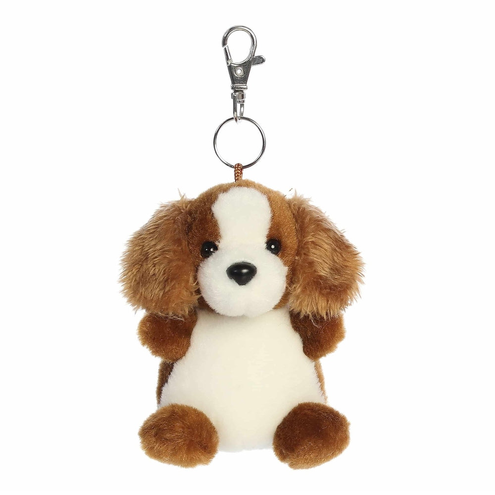 Aurora Palm Pals Lady Spaniel Clip-On 4-inch plush toy, brown and white, shown attached to a metal keyring and clip.