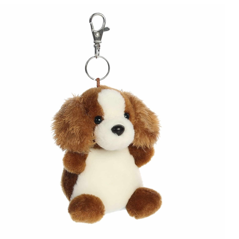 Aurora Palm Pals Lady Spaniel Clip-On 4-inch plush; brown and white puppy attached to a metal clip.
