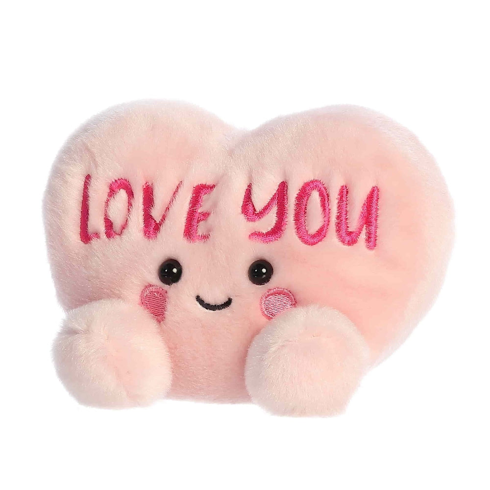 Aurora Palm Pals Love You Candy Heart plush, pink 5-inch stuffed animal with embroidered LOVE YOU and cute face