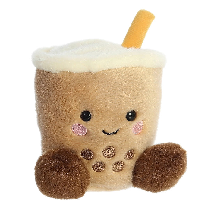 Aurora Milky Tea Boba plush 5in stuffed animal, beige cup with white foam and brown pearls