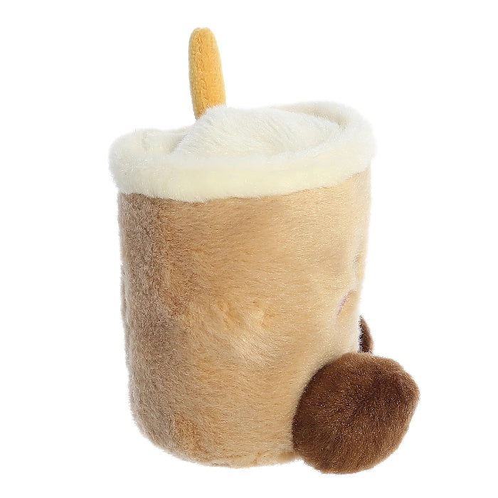 Aurora Palm Pals Milky Tea Boba plush cup toy, tan body with white faux fur lining and brown boba ball