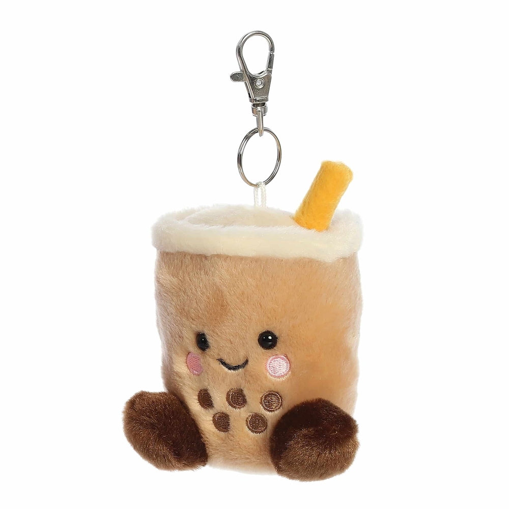 Milky Tea Boba ClipOn plush 4-inch keychain by Aurora with straw and brown pearl toppings