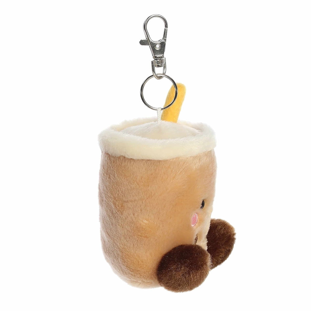 Aurora Palm Pals Milky Tea Boba ClipOn plush keychain, cream cup with brown boba pearls and yellow straw