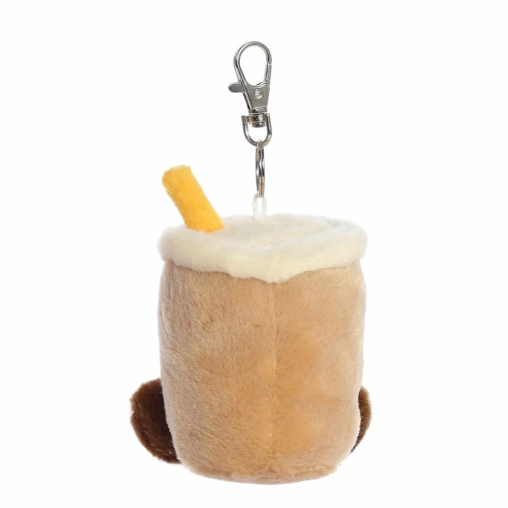 Aurora Palm Pals Milky Tea Boba ClipOn plush keychain, 4-inch tan cup with white lid and yellow straw
