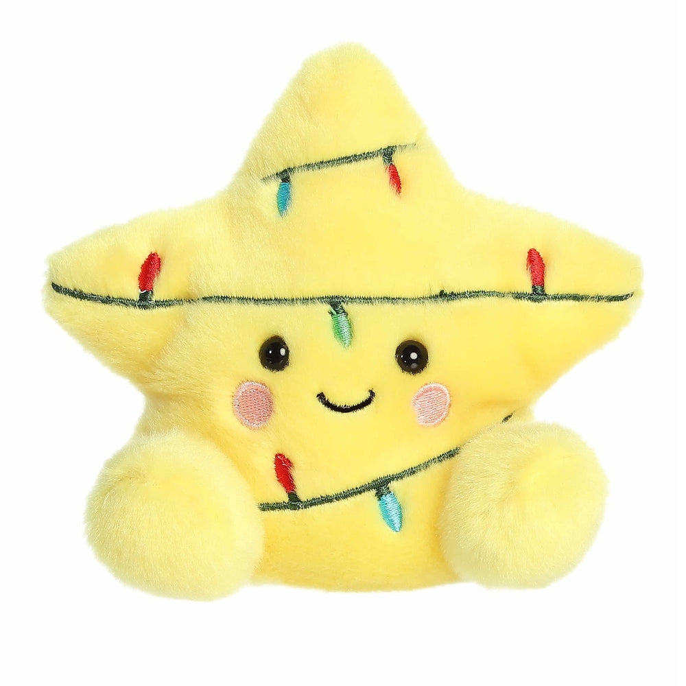 Aurora Palm Pals Navi Star Topper 5in yellow plush star with stitched colorful lights wrapped around it and a smile.