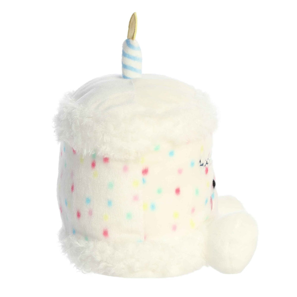 Aurora Palm Pals 13in Happy Birthday cake plush unicorn, white with pastel sprinkles and striped candle