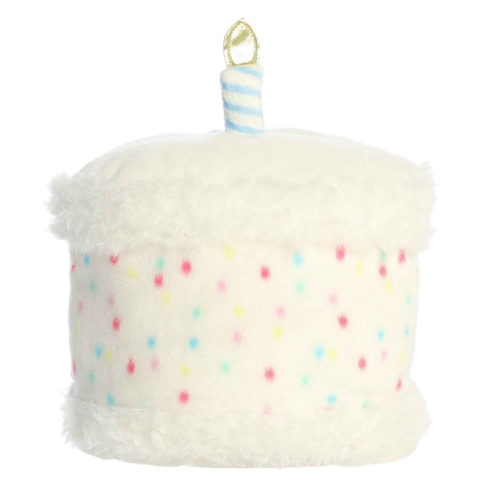 Aurora Palm Pals 13in Happy Birthday cake plush with white fur trim and pastel sprinkles, blue striped candle