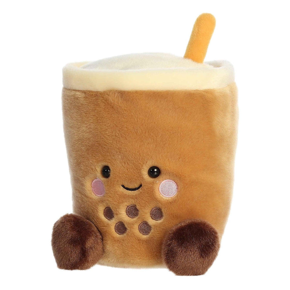 Aurora Palm Pals Milky Tea Boba 8in plush cup with straw, smile and tapioca pearls