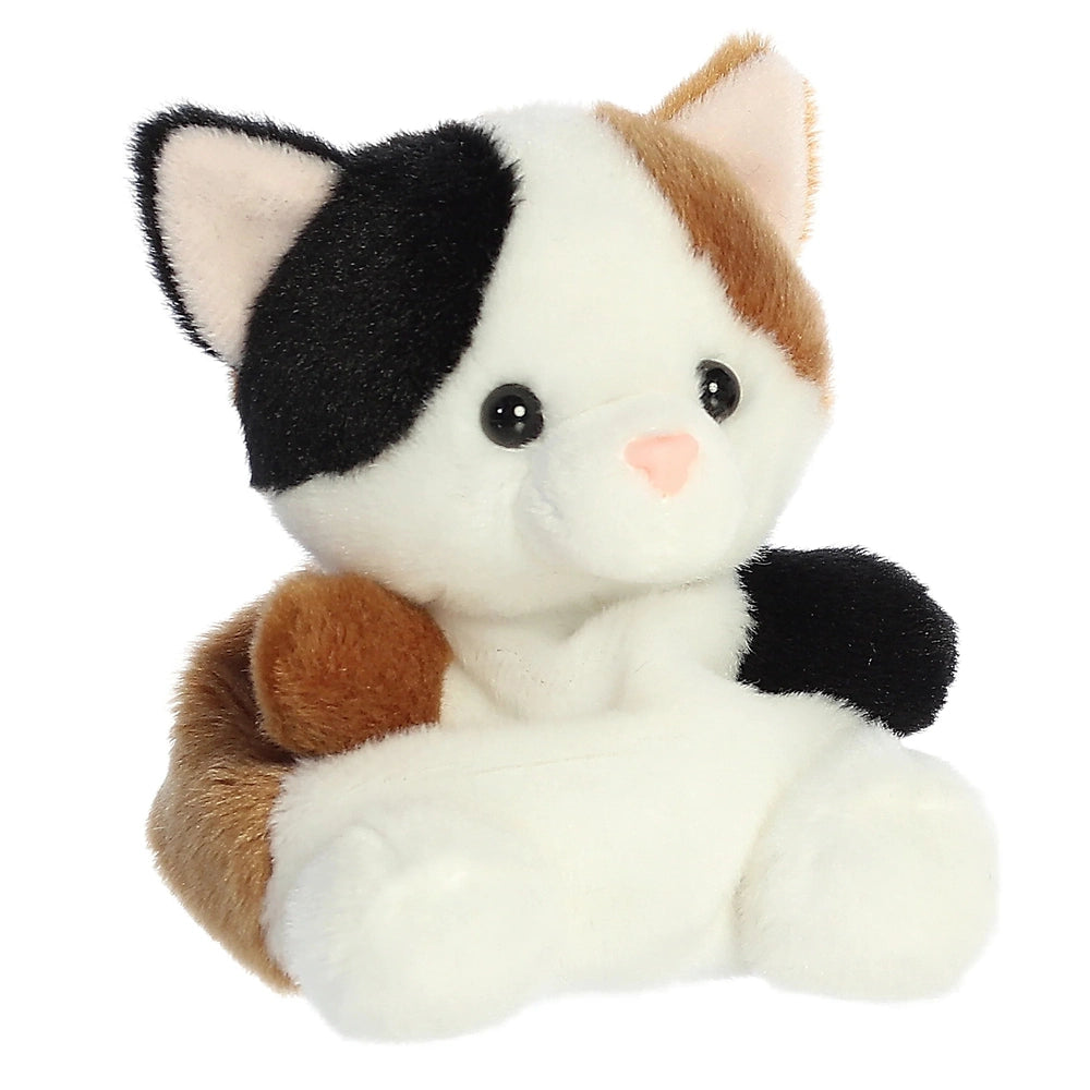 Aurora Palm Pals Calico Cat 5" plush toy in white with black and orange patches, soft stuffed cat.