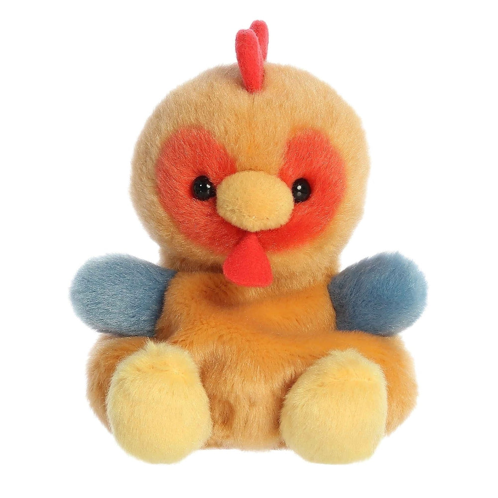 Aurora Palm Pals Red Rooster 5-inch plush toy with orange body, red face patches, blue wings.