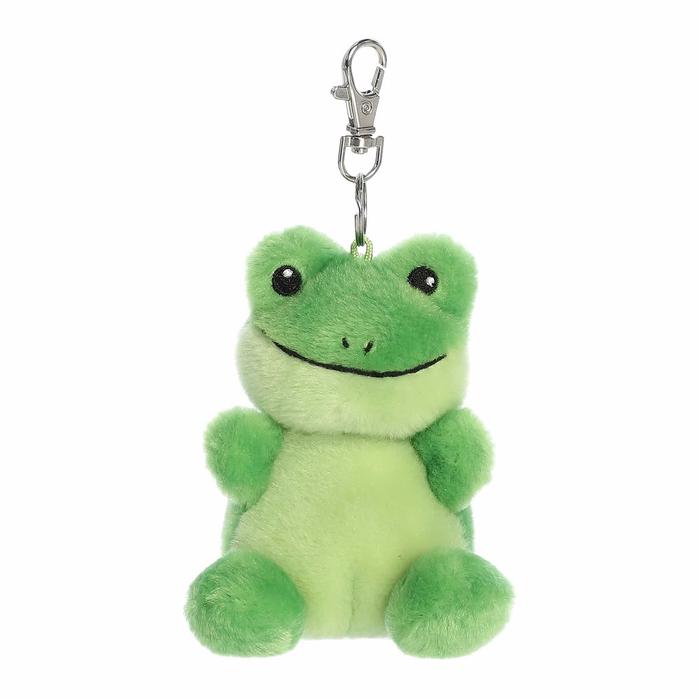 Aurora Palm Pals Ribbits frog clip-on plush toy; bright green with black eyes
