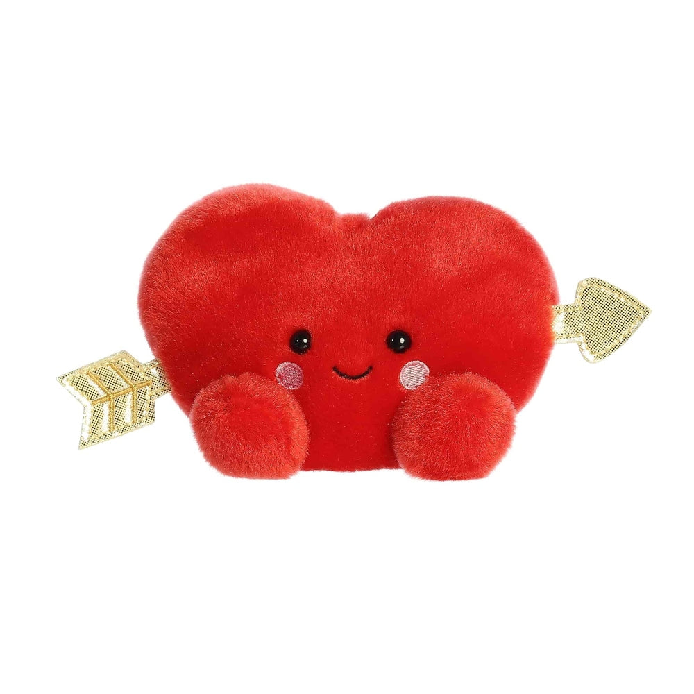 Red plush heart with cute smiley face, palm-sized, flanked by gold arrow accents