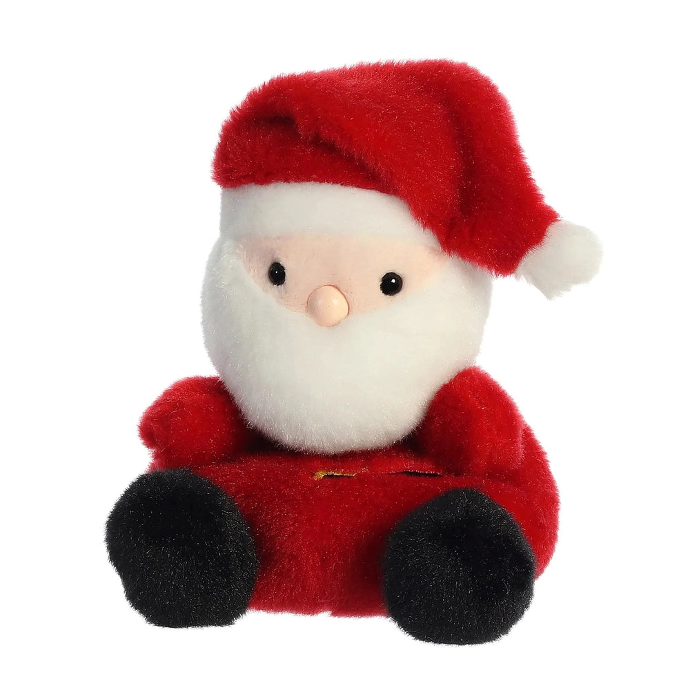 Aurora Palm Pals Santa 5" plush sitting with red hat and suit, white beard, black feet.
