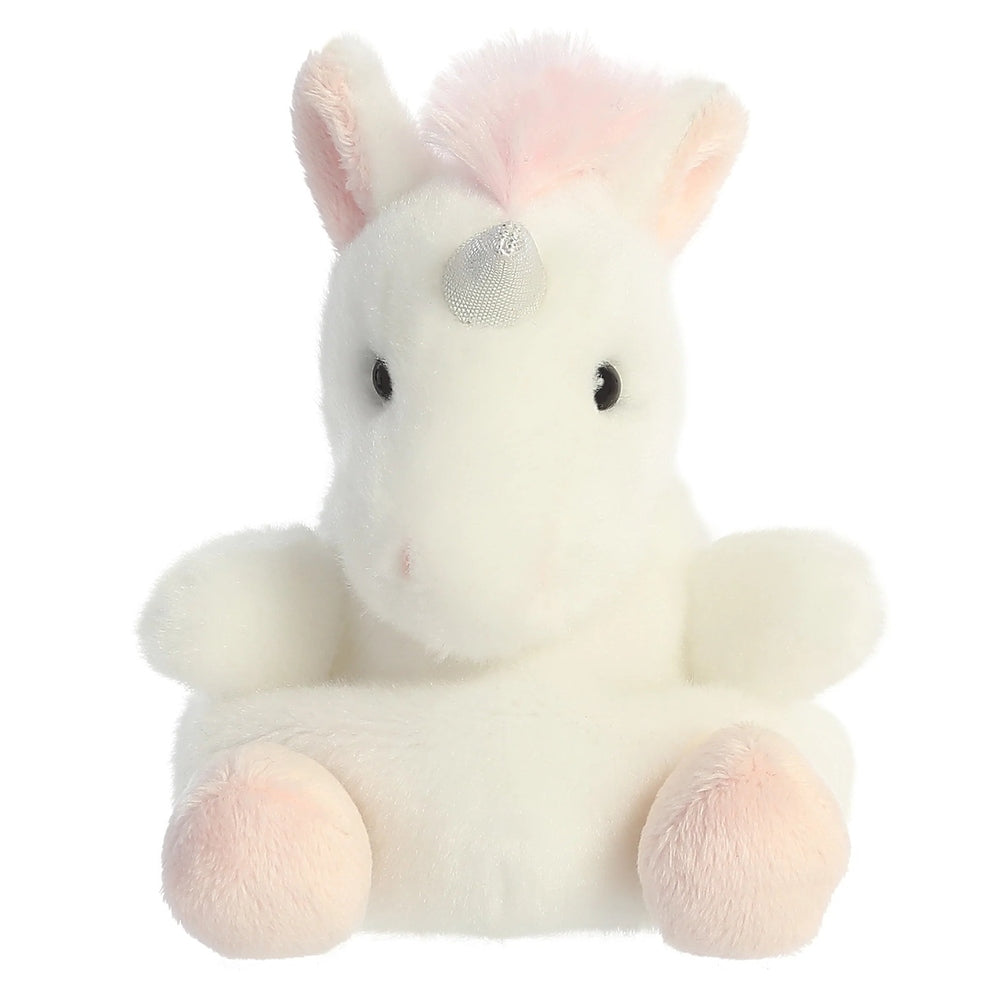 Aurora Palm Pals Sassy Unicorn plush, white with pink mane and hooves, 5-inch stuffed animal