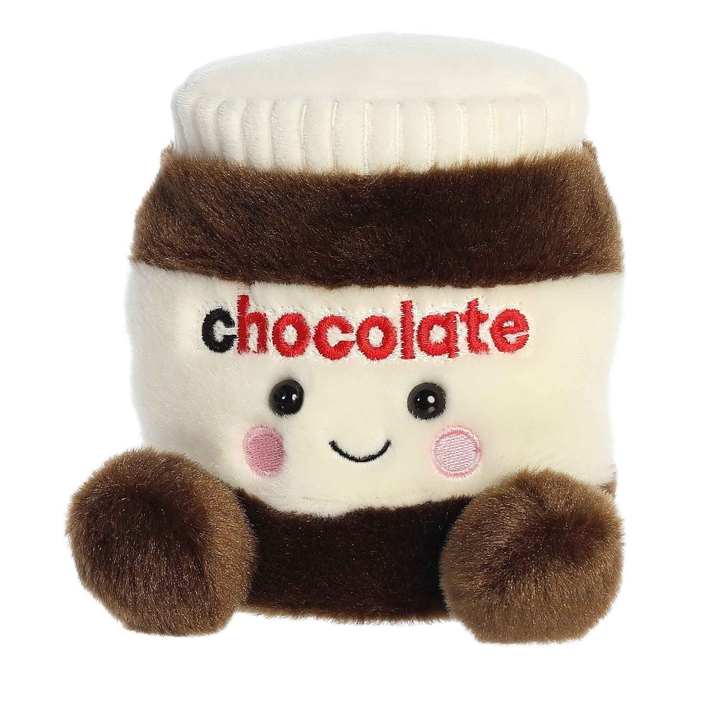 Aurora Palm Pals chocolate spread jar plush toy, white body with brown cap band and pink cheeks
