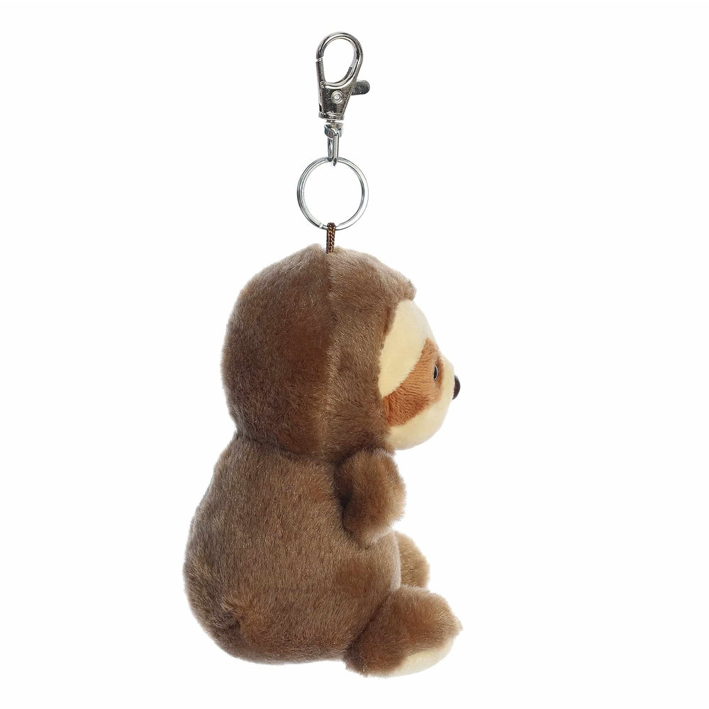 Aurora Palm Pals Slomo Sloth clip-on plush, brown with cream face, attached to metal clip and ring
