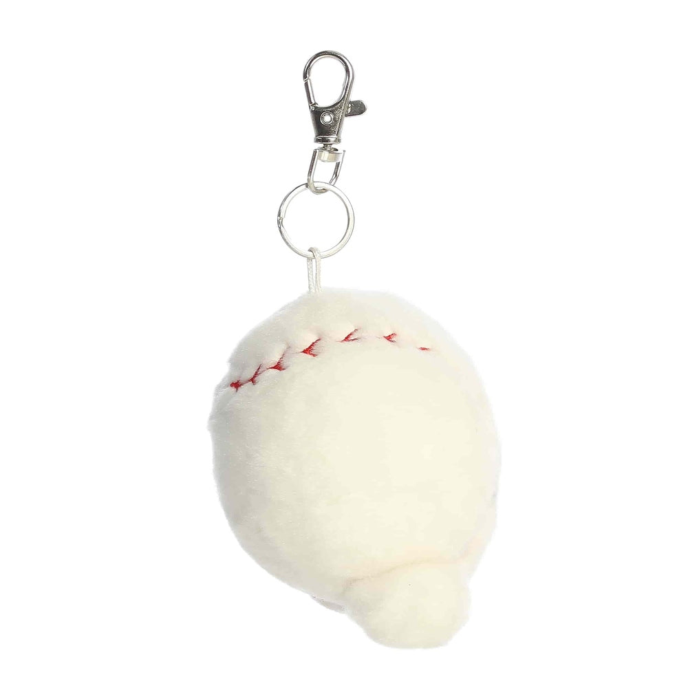 Aurora Palm Pals Slugger Baseball ClipOn 4" plush keychain, white baseball with red stitching attached to a metal clip.